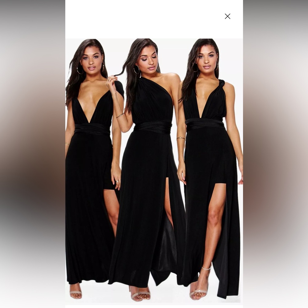 Boohoo NWT multiway side split maxi bridesmaid dress black size 6 (small medium)